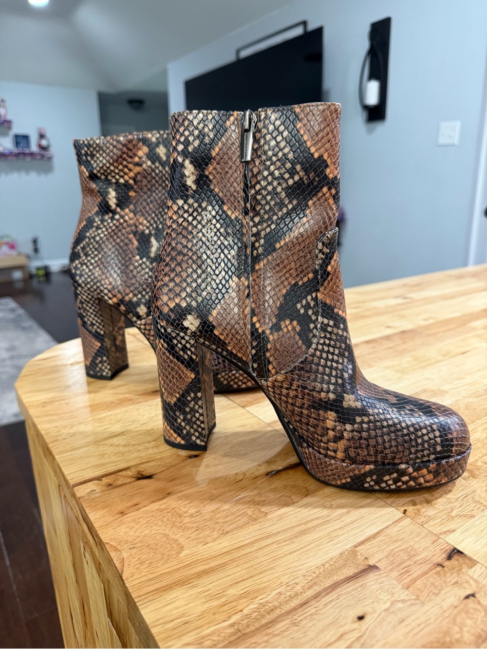 Snake-Print Brown Platform Ankle Boots with Side Zipper